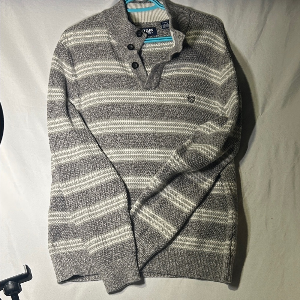Chaps Gray and White Striped Crewneck Sweater 100% cotton XL - Picture 2 of 12